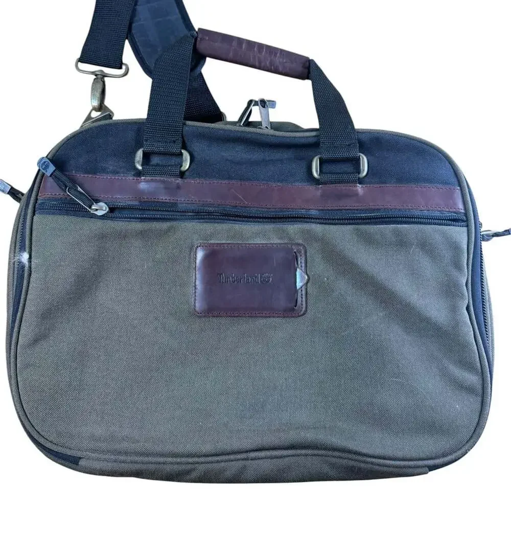 Timberland Green and Black Canvas Leather Laptop Briefcase Messenger Bag